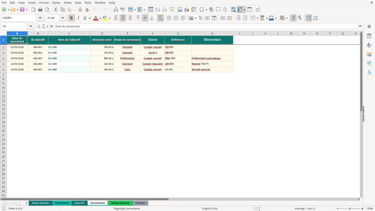 Capture d'écran 4 : Feuille Versements - Modèle Excel objectifs épargne excel