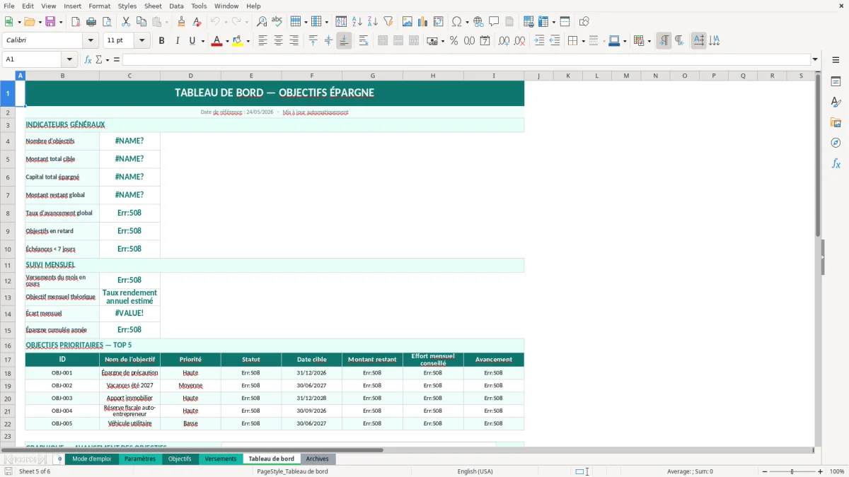 Capture d'écran 5 : Feuille Tableau de bord - Modèle Excel objectifs épargne excel