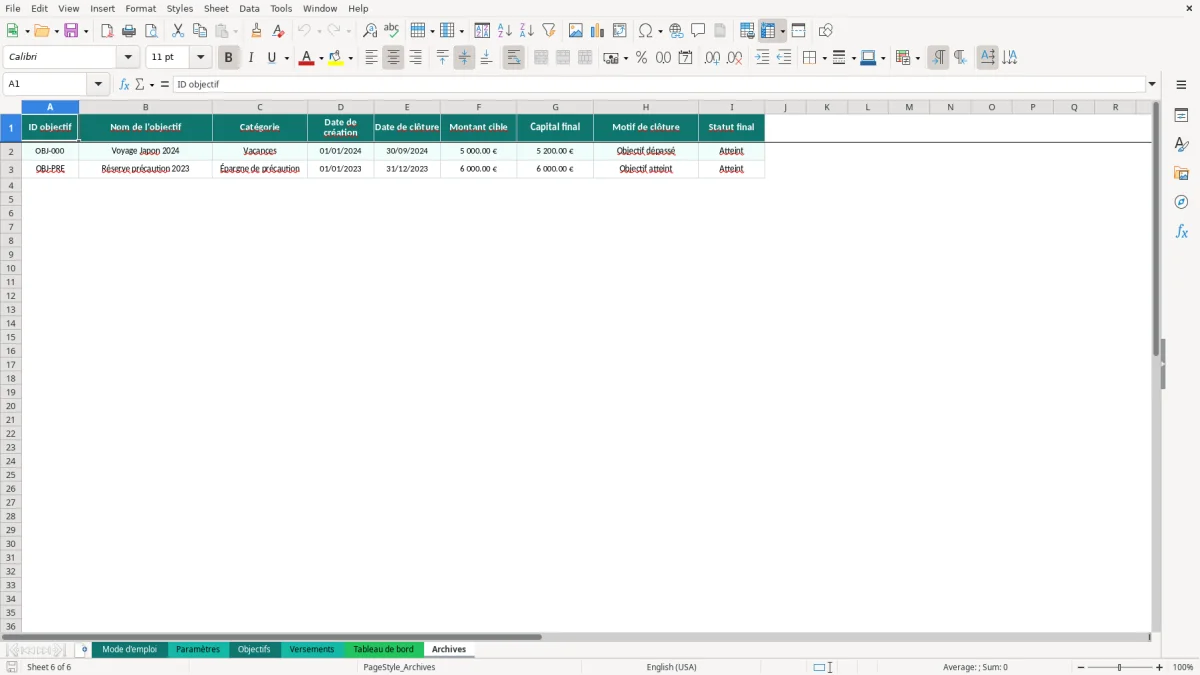 Capture d'écran 6 : Feuille Archives - Modèle Excel objectifs épargne excel