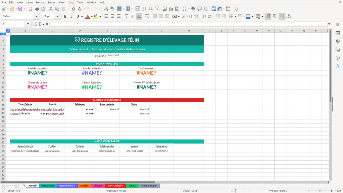 Capture d'écran 1 : Feuille Accueil - Modèle Excel registre élevage chat excel