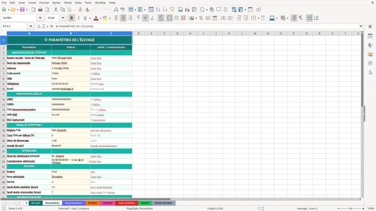 Capture d'écran 2 : Feuille Paramètres - Modèle Excel registre élevage chat excel