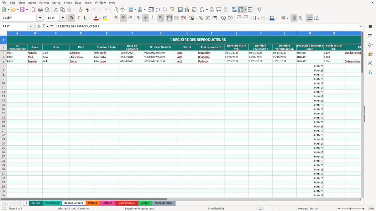 Capture d'écran 3 : Feuille Reproducteurs - Modèle Excel registre élevage chat excel