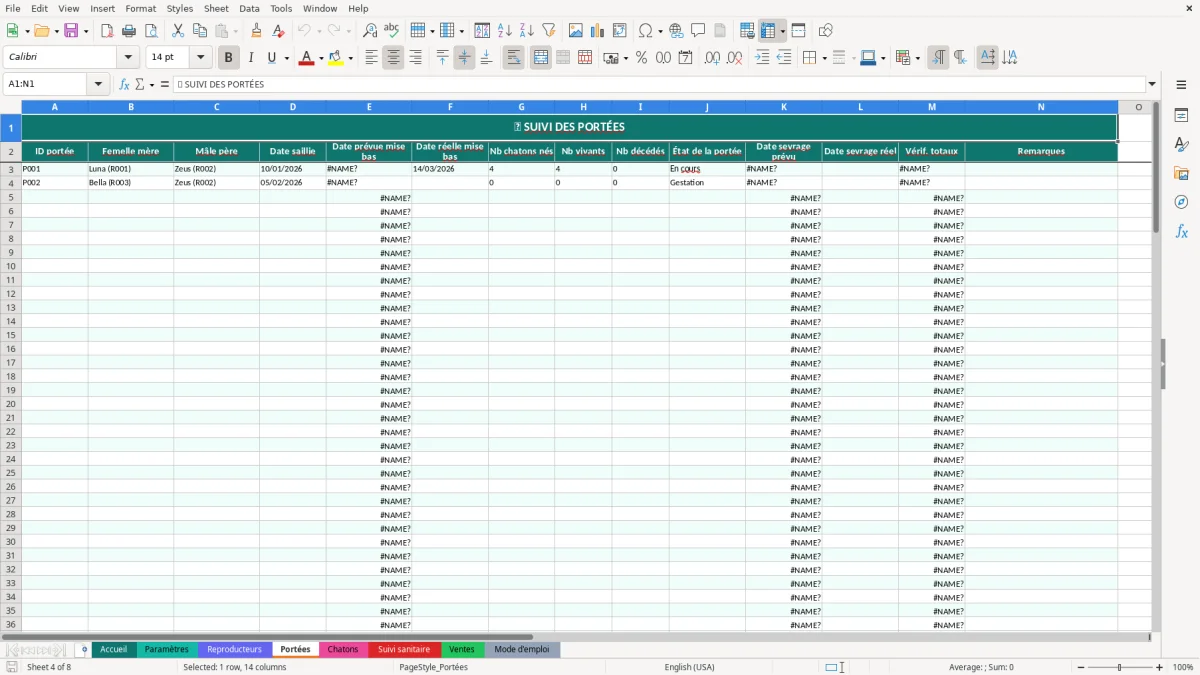 Capture d'écran 4 : Feuille Portées - Modèle Excel registre élevage chat excel