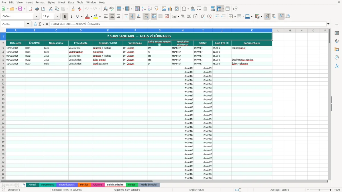 Capture d'écran 6 : Feuille Suivi sanitaire - Modèle Excel registre élevage chat excel