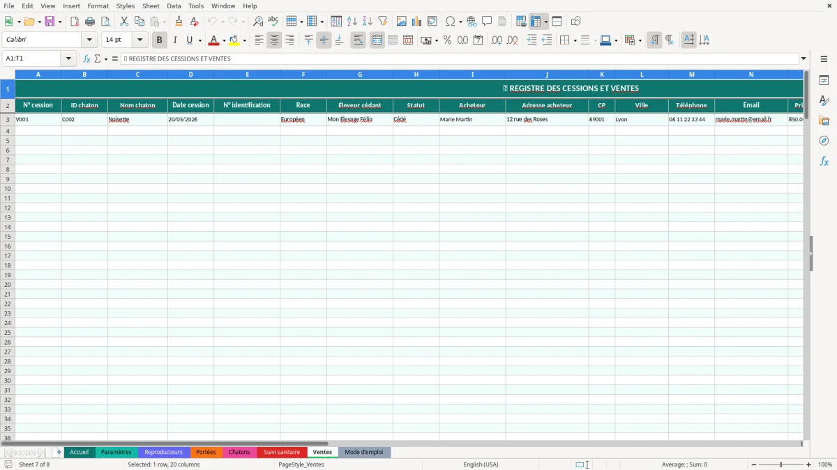 Capture d'écran 7 : Feuille Ventes - Modèle Excel registre élevage chat excel