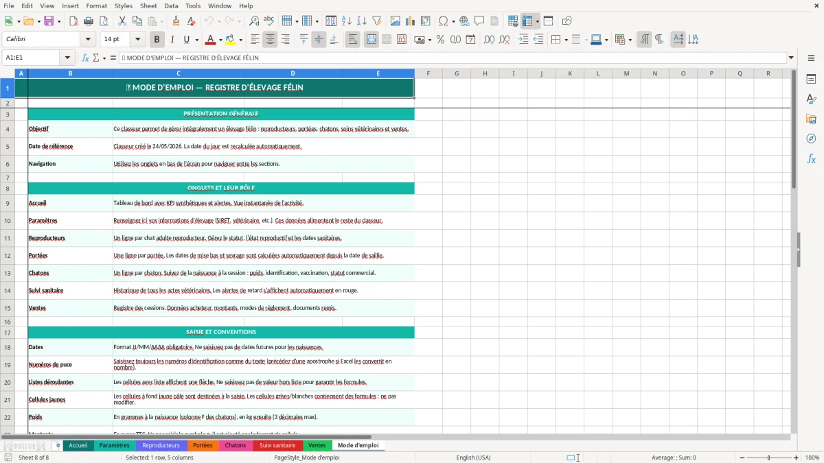 Capture d'écran 8 : Feuille Mode d'emploi - Modèle Excel registre élevage chat excel