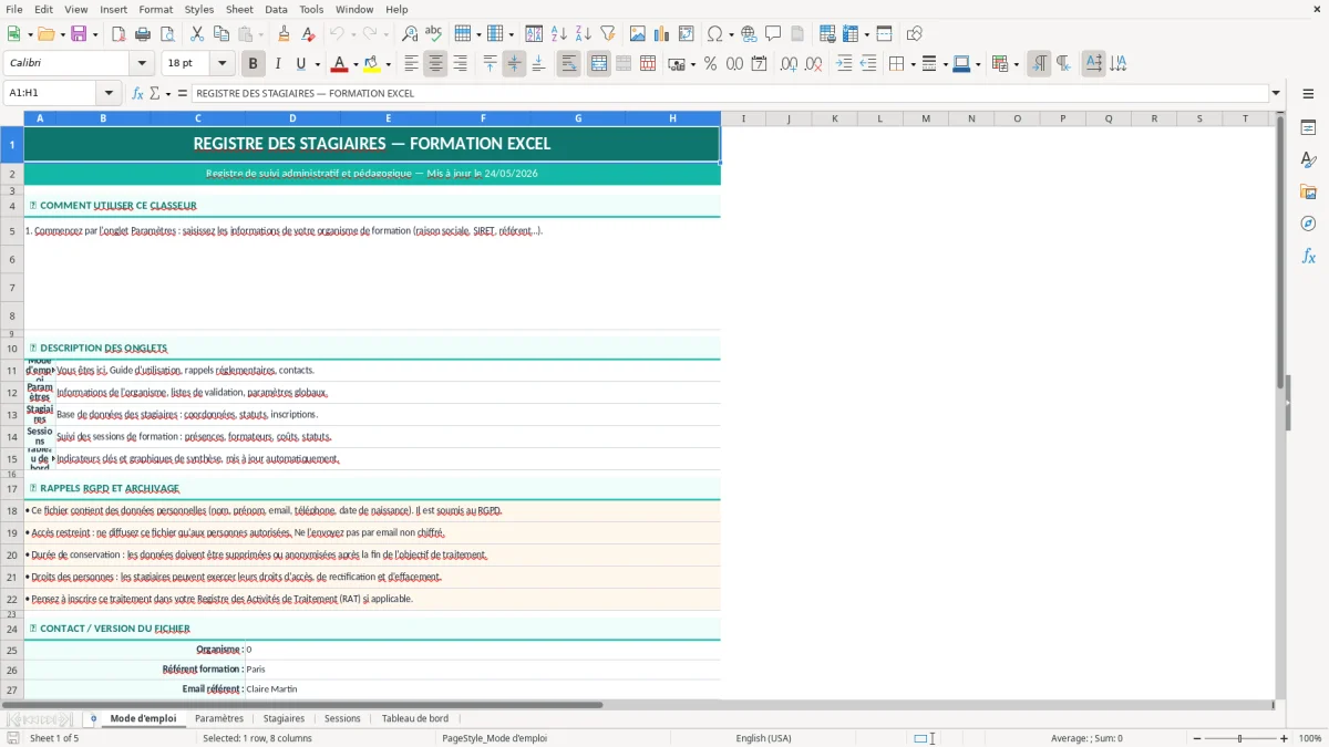 Capture d'écran 4 : Feuille Sessions - Modèle Excel registre stagiaires formation excel