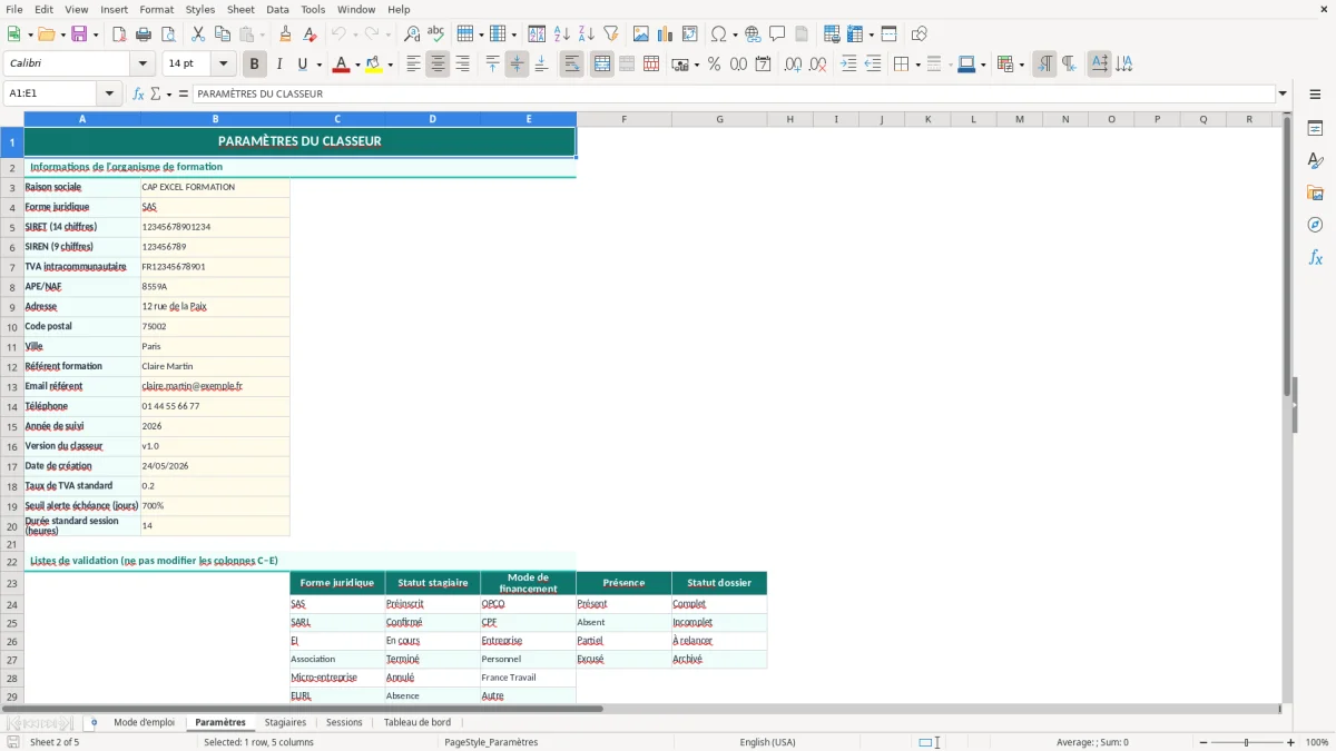 Capture d'écran 5 : Feuille Tableau de bord - Modèle Excel registre stagiaires formation excel