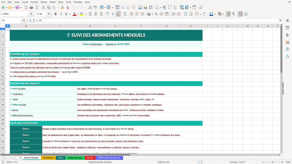 Capture d'écran 1 : Feuille Mode d'emploi - Modèle Excel suivi abonnements mensuels excel