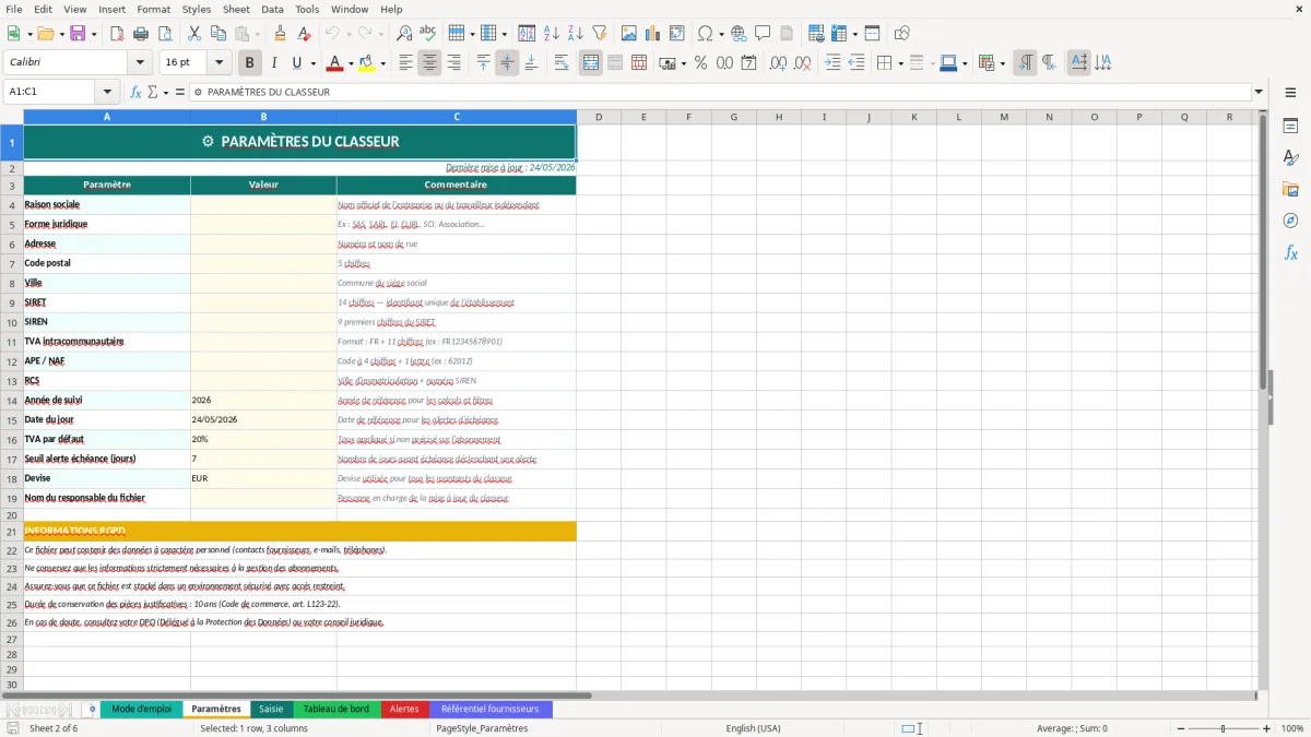 Capture d'écran 2 : Feuille Paramètres - Modèle Excel suivi abonnements mensuels excel