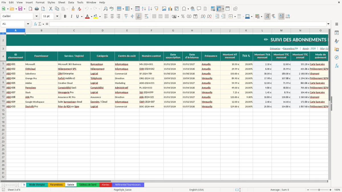 Capture d'écran 3 : Feuille Saisie - Modèle Excel suivi abonnements mensuels excel
