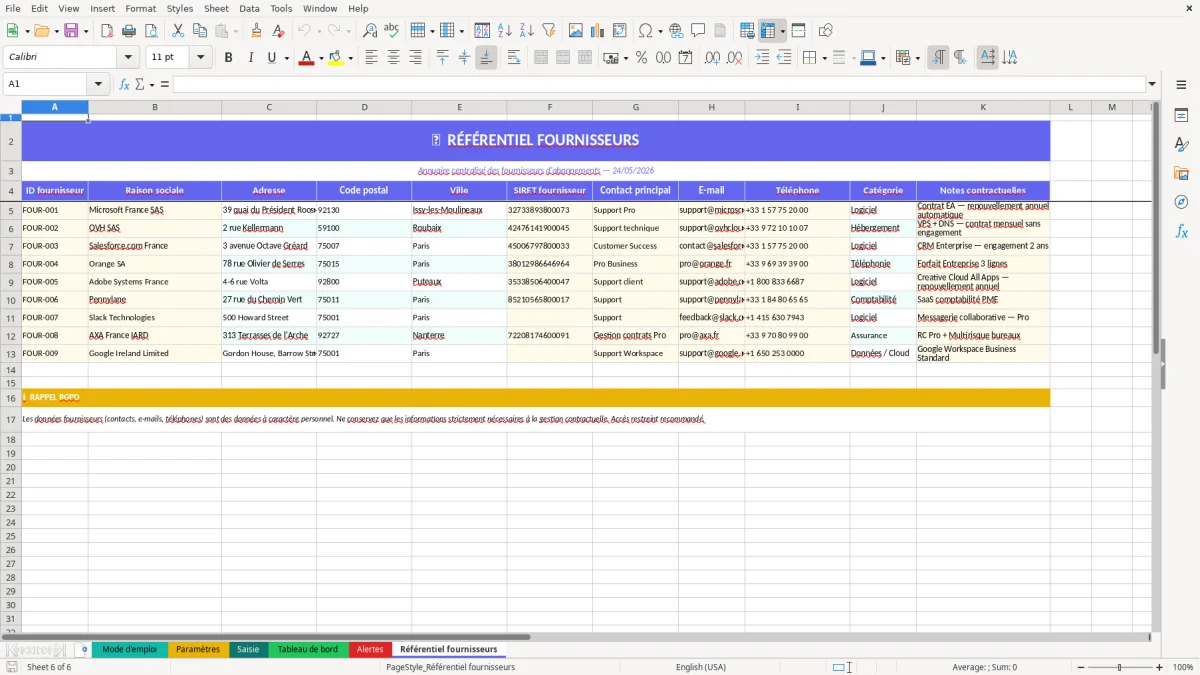 Capture d'écran 6 : Feuille Référentiel fournisseurs - Modèle Excel suivi abonnements mensuels excel