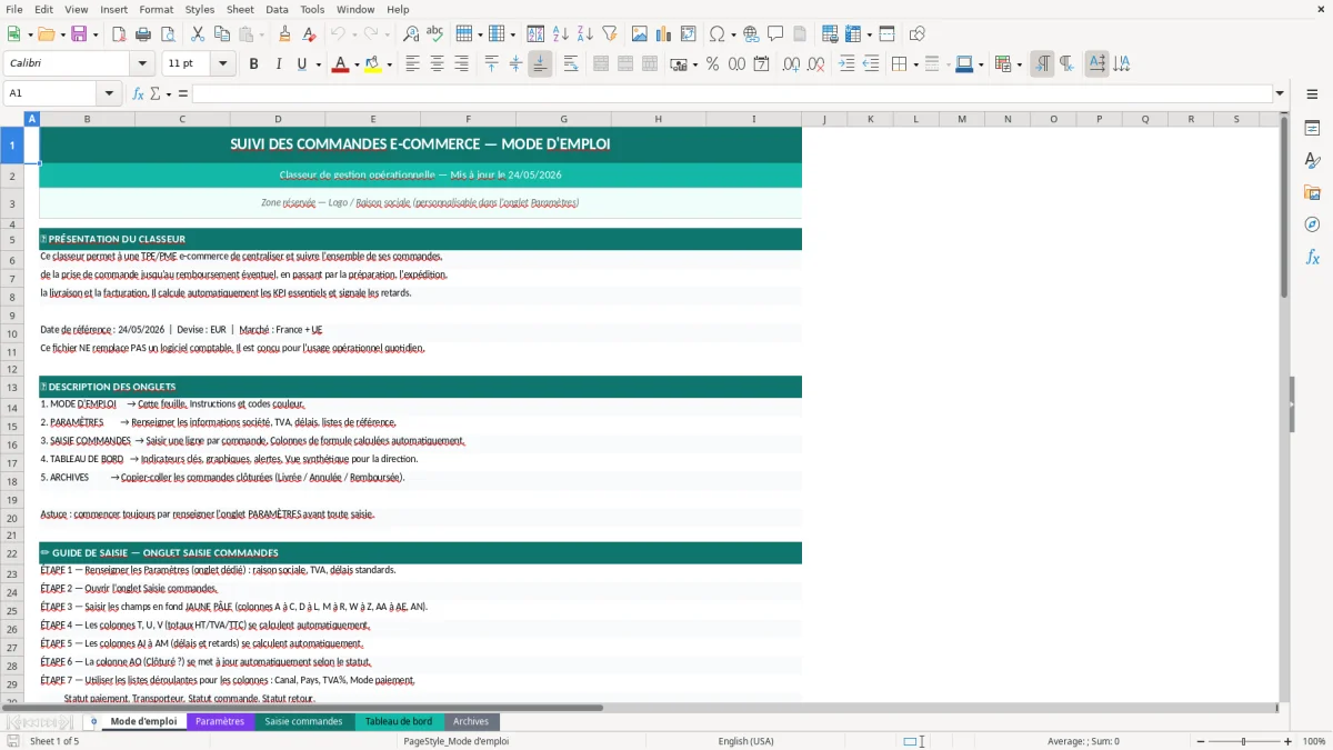 Capture d'écran 1 : Feuille Mode d'emploi - Modèle Excel suivi commandes ecommerce excel