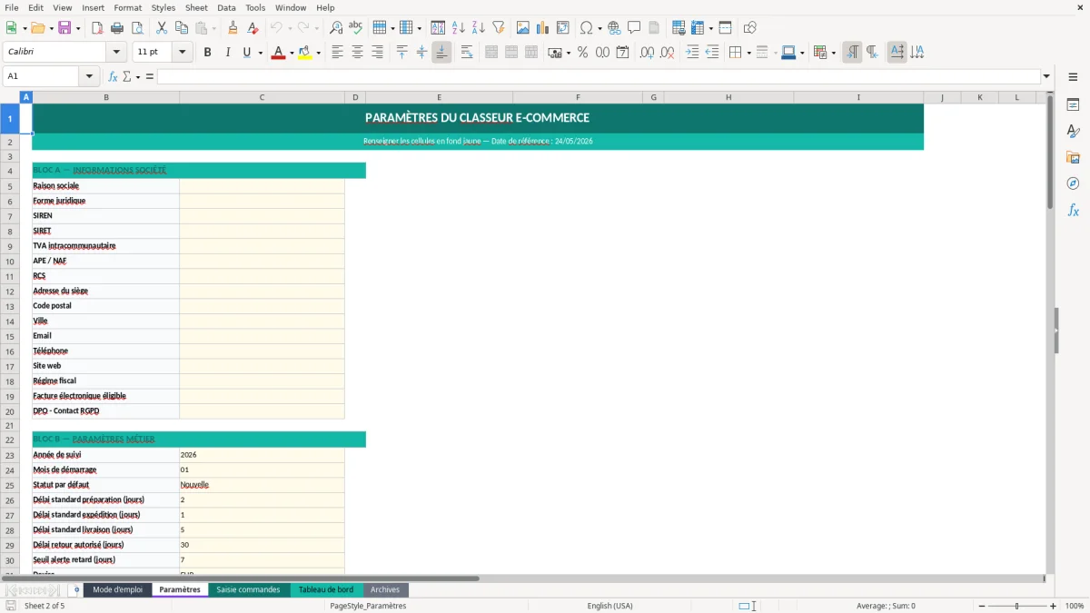 Capture d'écran 2 : Feuille Paramètres - Modèle Excel suivi commandes ecommerce excel