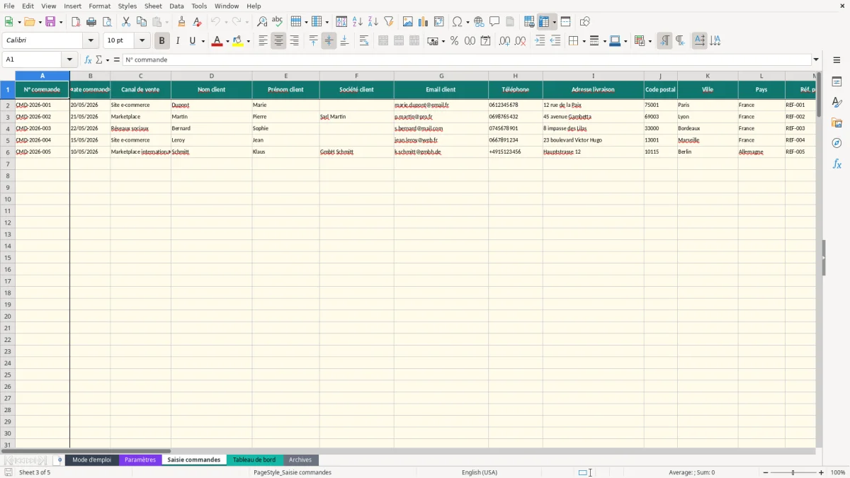 Capture d'écran 3 : Feuille Saisie commandes - Modèle Excel suivi commandes ecommerce excel