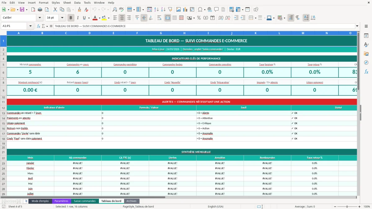 Capture d'écran 4 : Feuille Tableau de bord - Modèle Excel suivi commandes ecommerce excel