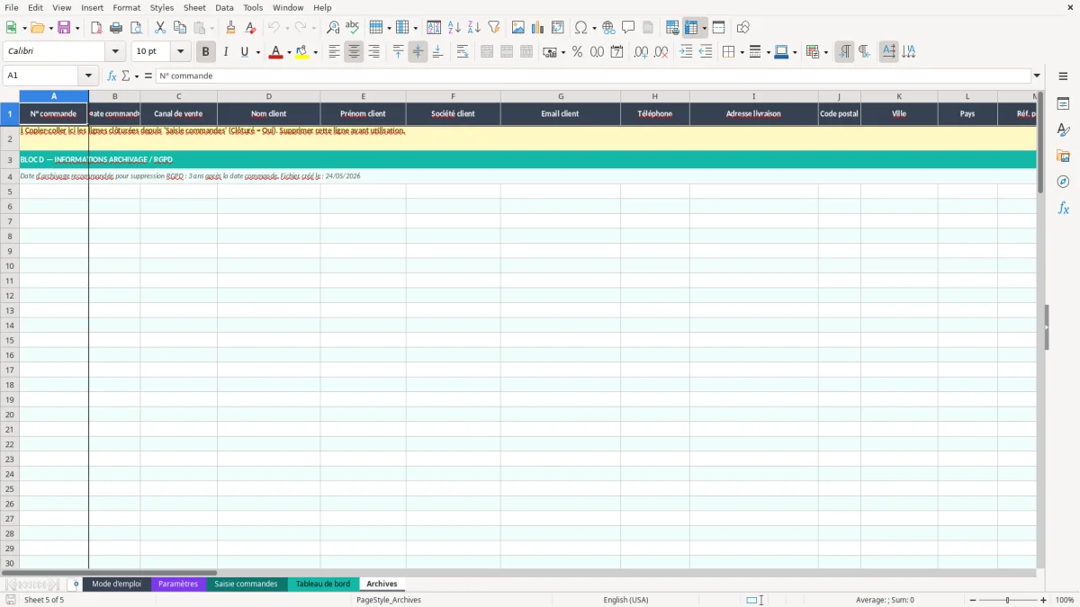 Capture d'écran 5 : Feuille Archives - Modèle Excel suivi commandes ecommerce excel