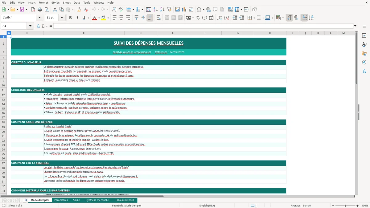 Capture d'écran 2 : Feuille Paramètres - Modèle Excel suivi dépenses mensuelles excel