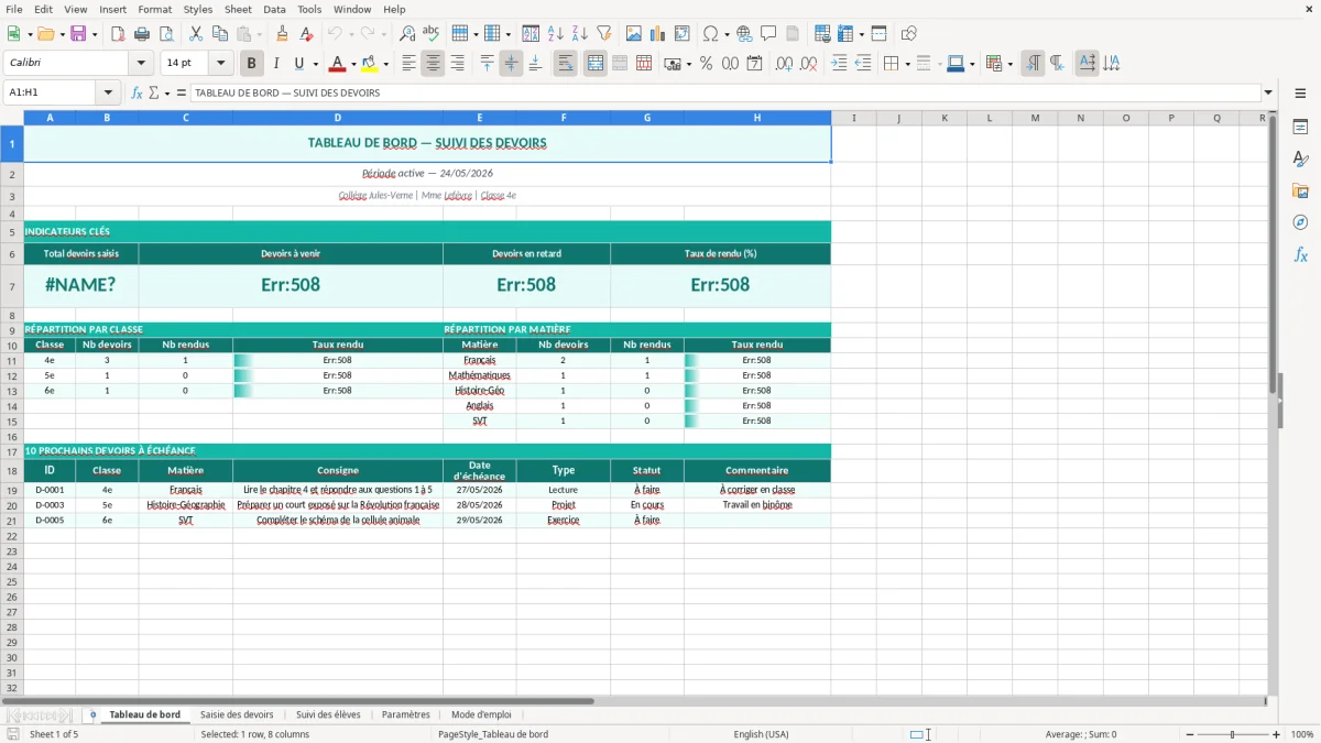 Capture d'écran 1 : Feuille Tableau de bord - Modèle Excel suivi devoirs classe excel