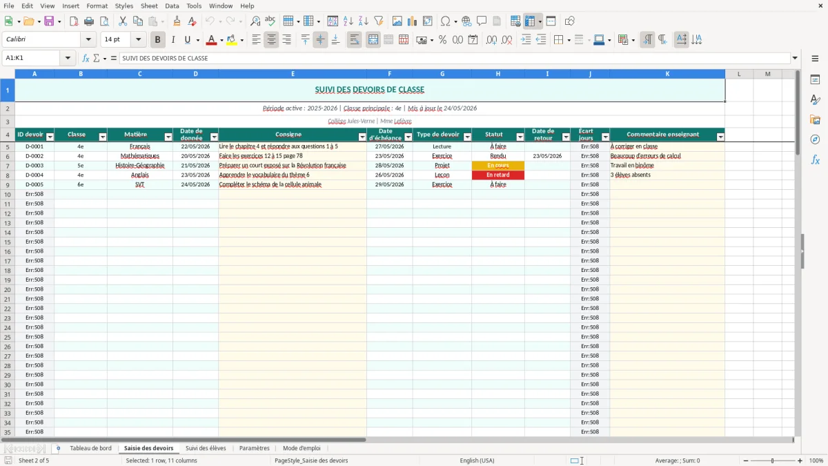 Capture d'écran 2 : Feuille Saisie des devoirs - Modèle Excel suivi devoirs classe excel