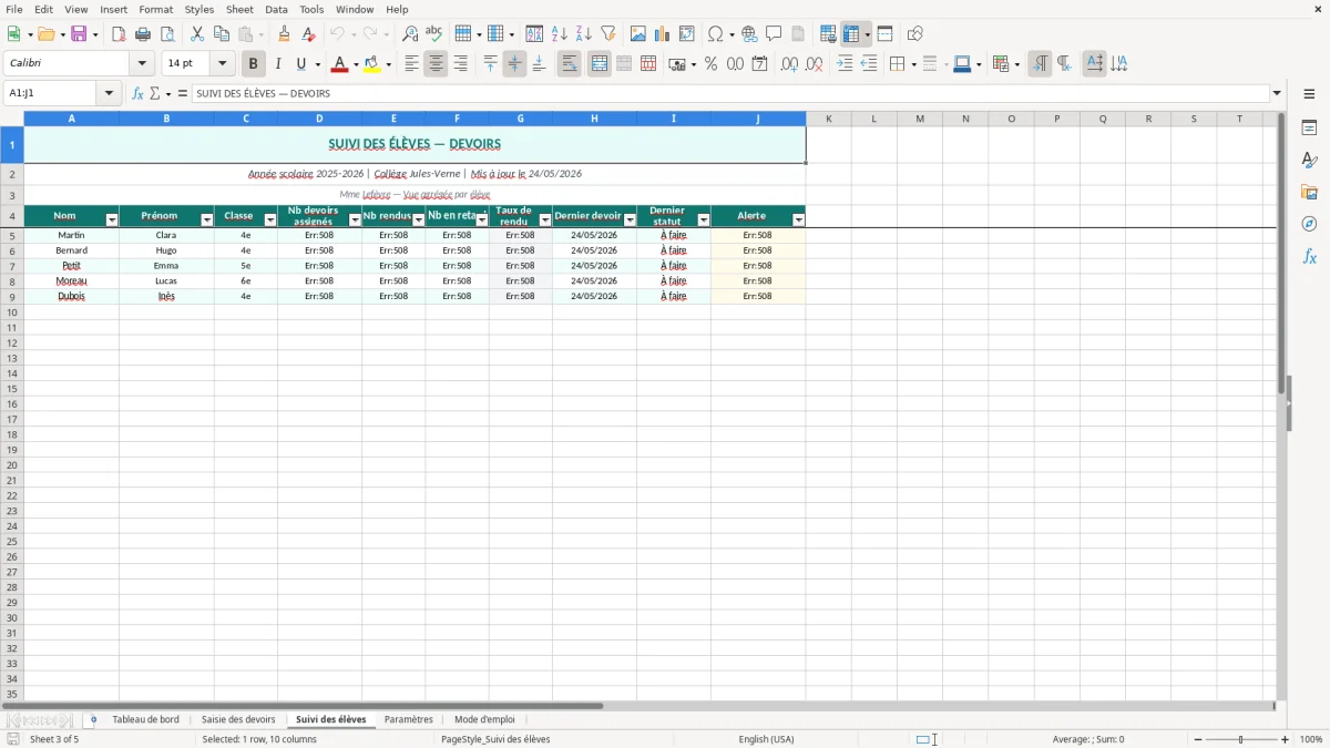 Capture d'écran 3 : Feuille Suivi des élèves - Modèle Excel suivi devoirs classe excel