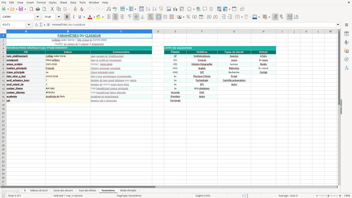 Capture d'écran 4 : Feuille Paramètres - Modèle Excel suivi devoirs classe excel