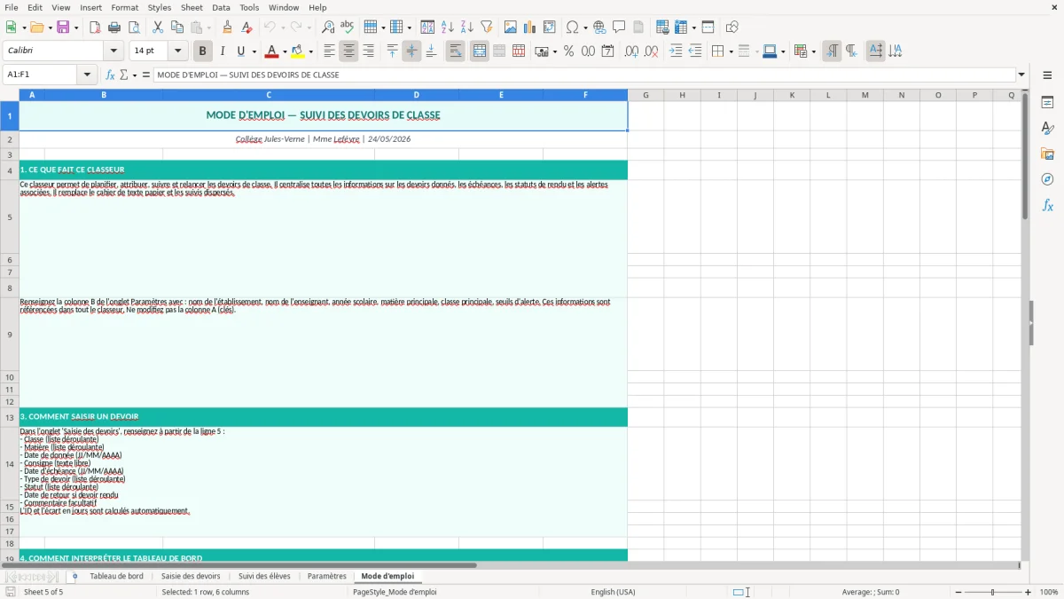 Capture d'écran 5 : Feuille Mode d'emploi - Modèle Excel suivi devoirs classe excel