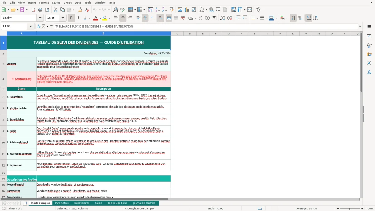Capture d'écran 1 : Feuille Mode d'emploi - Modèle Excel tableau dividendes excel