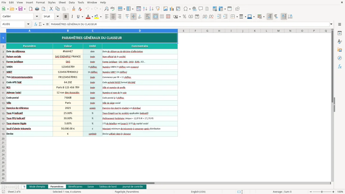 Capture d'écran 2 : Feuille Paramètres - Modèle Excel tableau dividendes excel