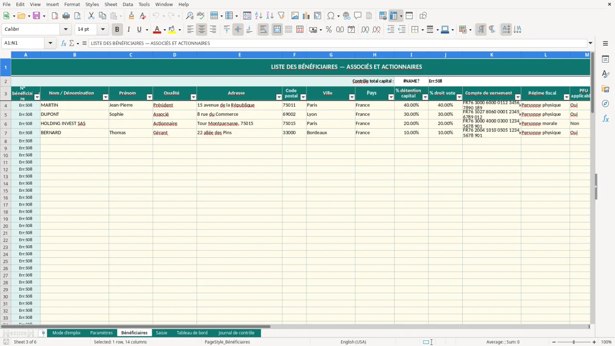 Capture d'écran 3 : Feuille Bénéficiaires - Modèle Excel tableau dividendes excel