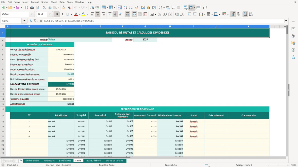Capture d'écran 4 : Feuille Saisie - Modèle Excel tableau dividendes excel