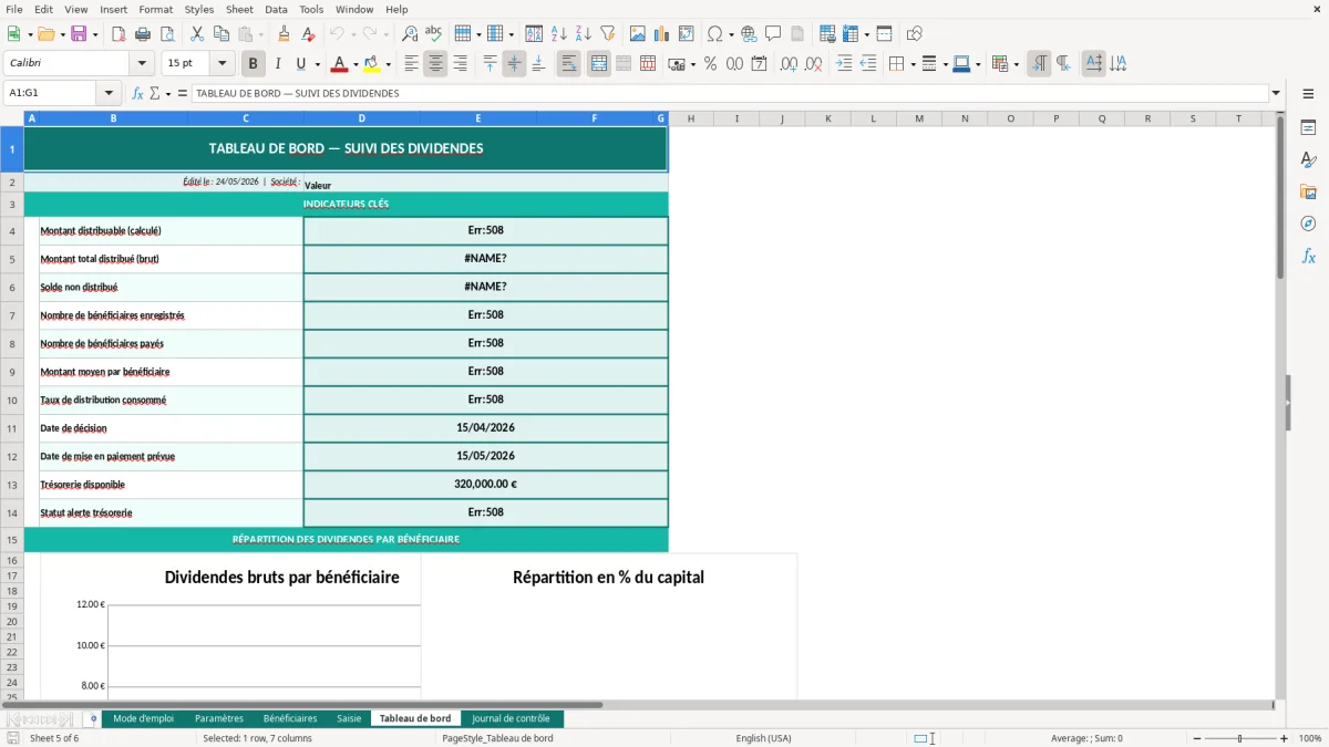 Capture d'écran 5 : Feuille Tableau de bord - Modèle Excel tableau dividendes excel