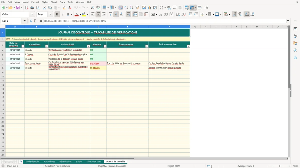 Capture d'écran 6 : Feuille Journal de contrôle - Modèle Excel tableau dividendes excel