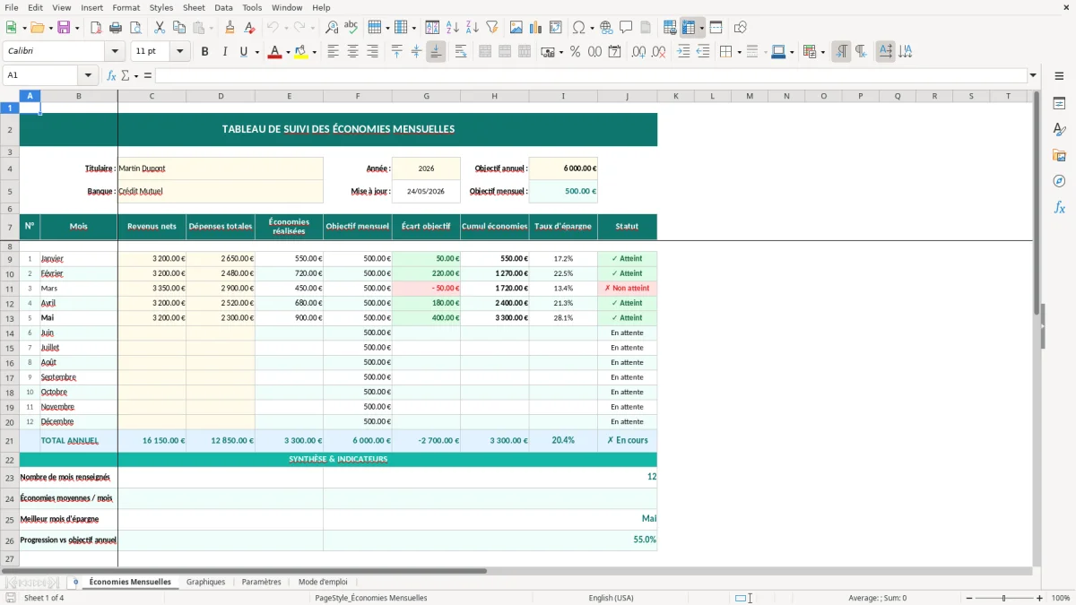 Capture d'écran 1 : Feuille Économies Mensuelles - Modèle Excel tableau économies mensuelles excel