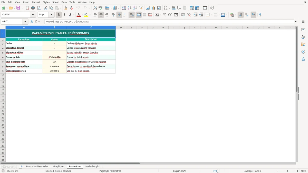 Capture d'écran 3 : Feuille Paramètres - Modèle Excel tableau économies mensuelles excel