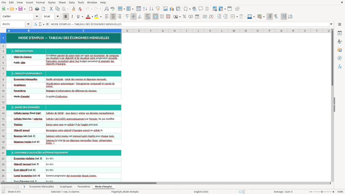 Capture d'écran 4 : Feuille Mode d'emploi - Modèle Excel tableau économies mensuelles excel