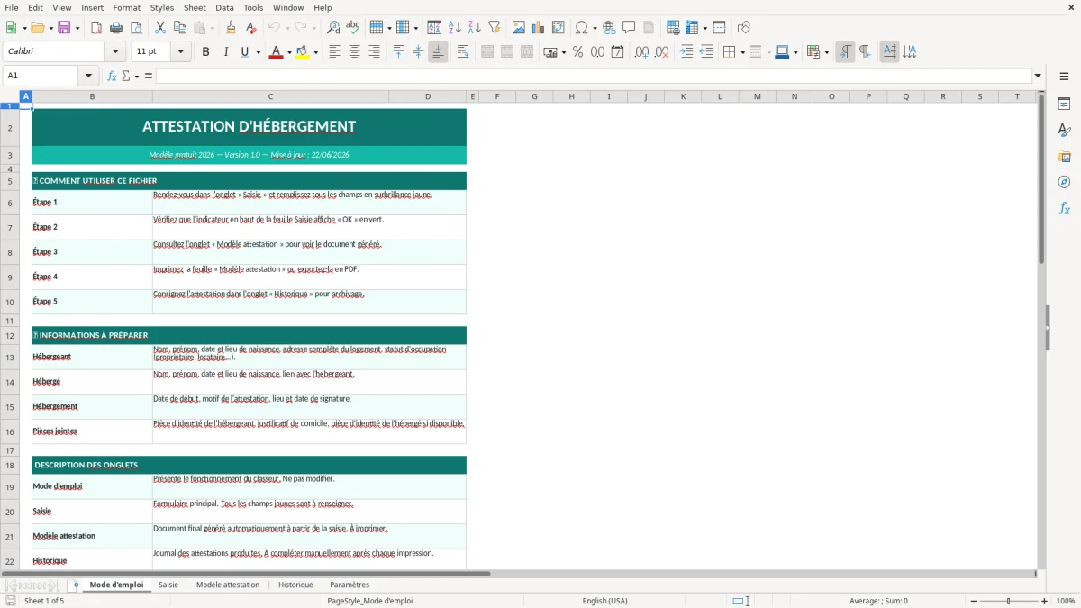 Capture d'écran 1 : Feuille Mode d'emploi - Modèle Excel Attestation d'hébergement Excel - Modèle Gratuit (2026)