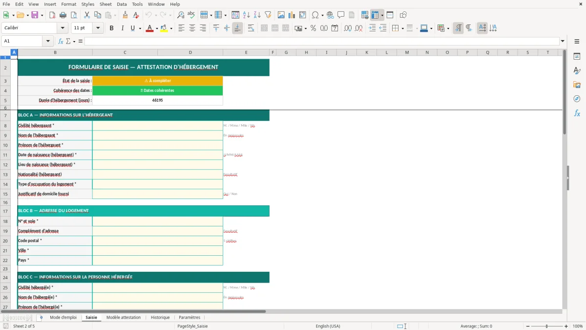Capture d'écran 2 : Feuille Saisie - Modèle Excel Attestation d'hébergement Excel - Modèle Gratuit (2026)