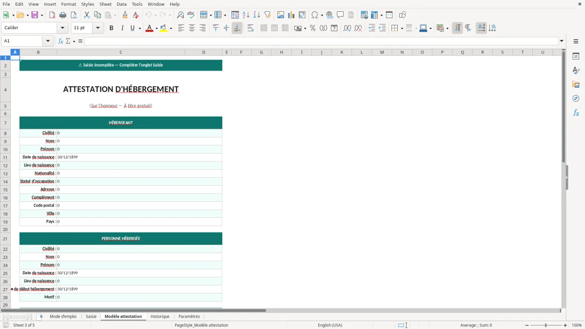 Capture d'écran 3 : Feuille Modèle attestation - Modèle Excel Attestation d'hébergement Excel - Modèle Gratuit (2026)