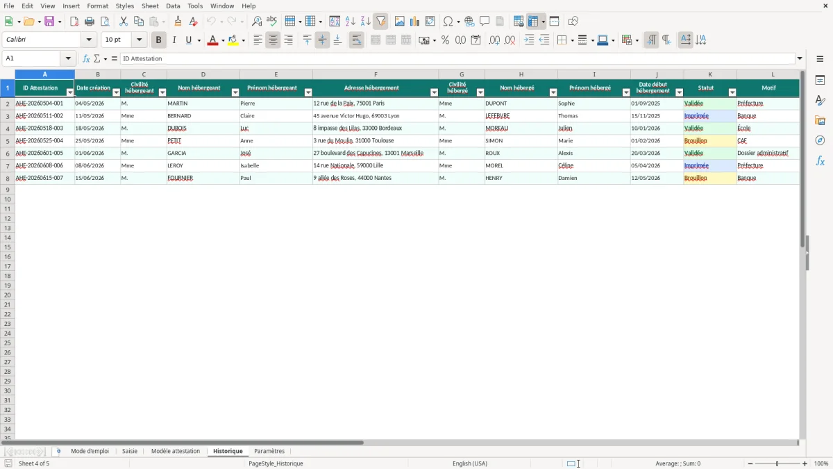 Capture d'écran 4 : Feuille Historique - Modèle Excel Attestation d'hébergement Excel - Modèle Gratuit (2026)