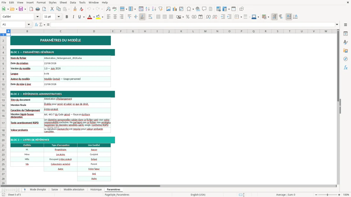 Capture d'écran 5 : Feuille Paramètres - Modèle Excel Attestation d'hébergement Excel - Modèle Gratuit (2026)