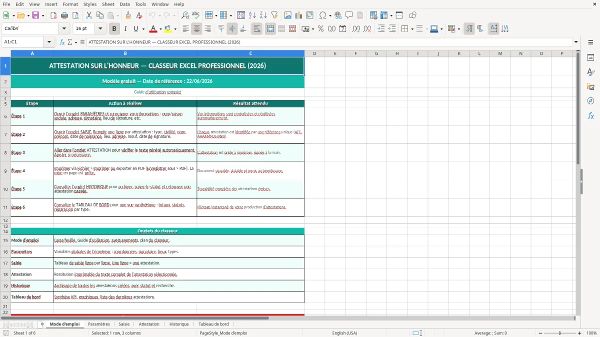 Capture d'écran 1 : Feuille Mode d'emploi - Modèle Excel Attestation sur l'honneur Excel - Modèle Gratuit (2026)