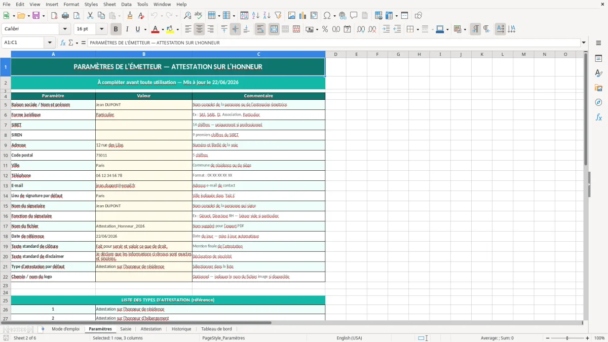 Capture d'écran 2 : Feuille Paramètres - Modèle Excel Attestation sur l'honneur Excel - Modèle Gratuit (2026)