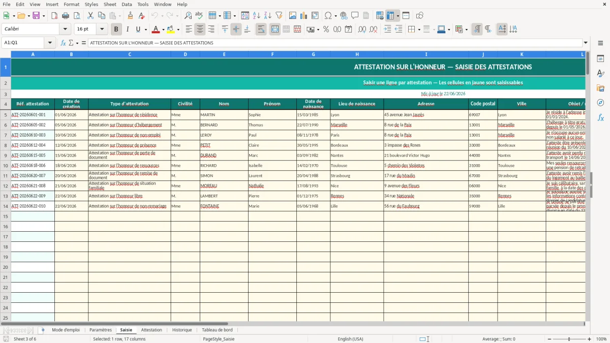 Capture d'écran 3 : Feuille Saisie - Modèle Excel Attestation sur l'honneur Excel - Modèle Gratuit (2026)