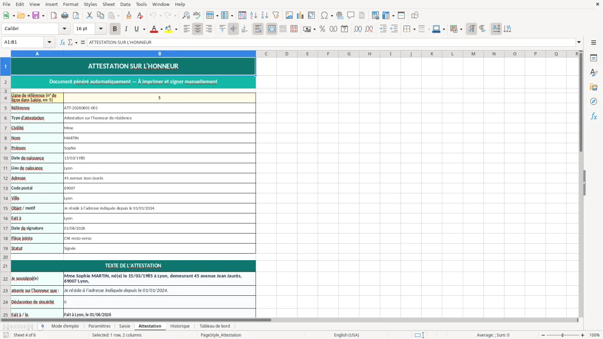 Capture d'écran 4 : Feuille Attestation - Modèle Excel Attestation sur l'honneur Excel - Modèle Gratuit (2026)