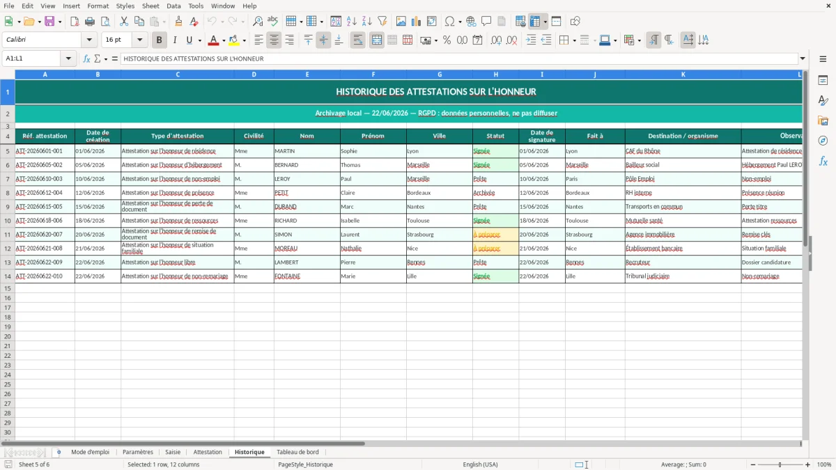 Capture d'écran 5 : Feuille Historique - Modèle Excel Attestation sur l'honneur Excel - Modèle Gratuit (2026)