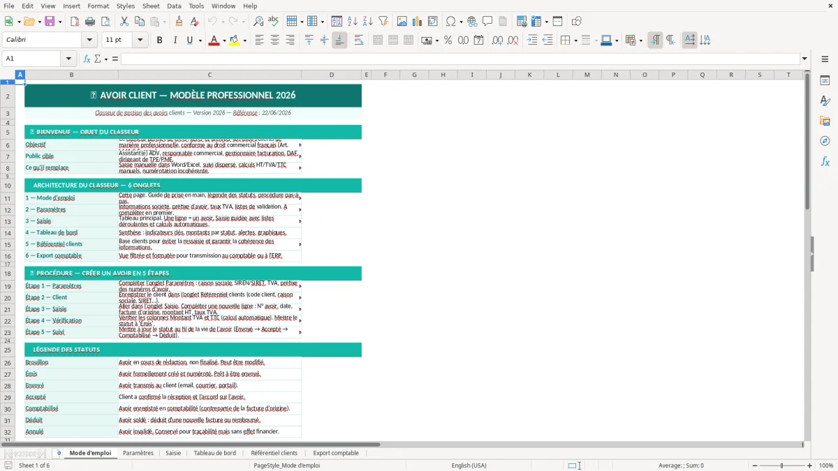 Capture d'écran 1 : Feuille Mode d'emploi - Modèle Excel Avoir client Excel - Modèle Gratuit (2026)