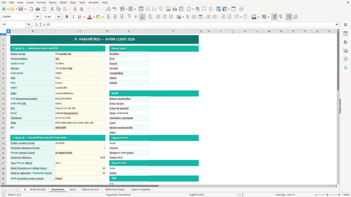 Capture d'écran 2 : Feuille Paramètres - Modèle Excel Avoir client Excel - Modèle Gratuit (2026)