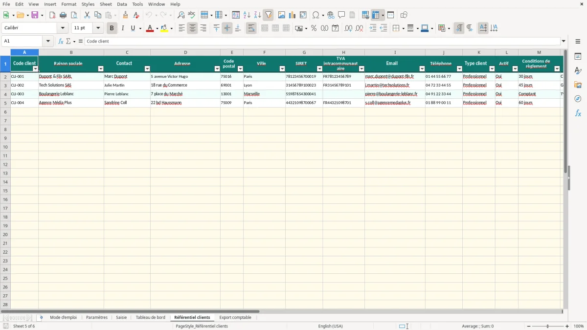 Capture d'écran 5 : Feuille Référentiel clients - Modèle Excel Avoir client Excel - Modèle Gratuit (2026)