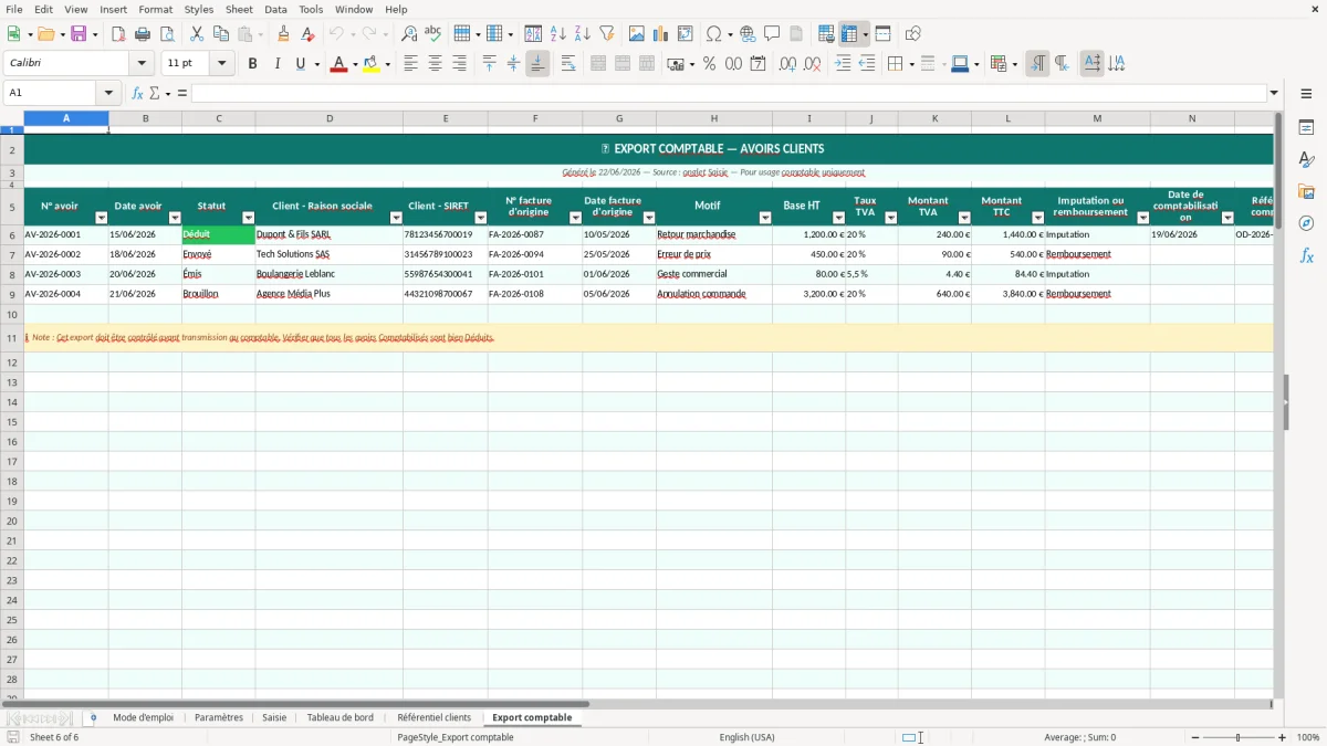 Capture d'écran 6 : Feuille Export comptable - Modèle Excel Avoir client Excel - Modèle Gratuit (2026)